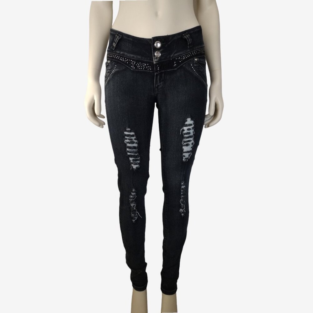 Vintage 2000s Low Rise Stretch Denim Distressed Jeweled Skinny Jeans